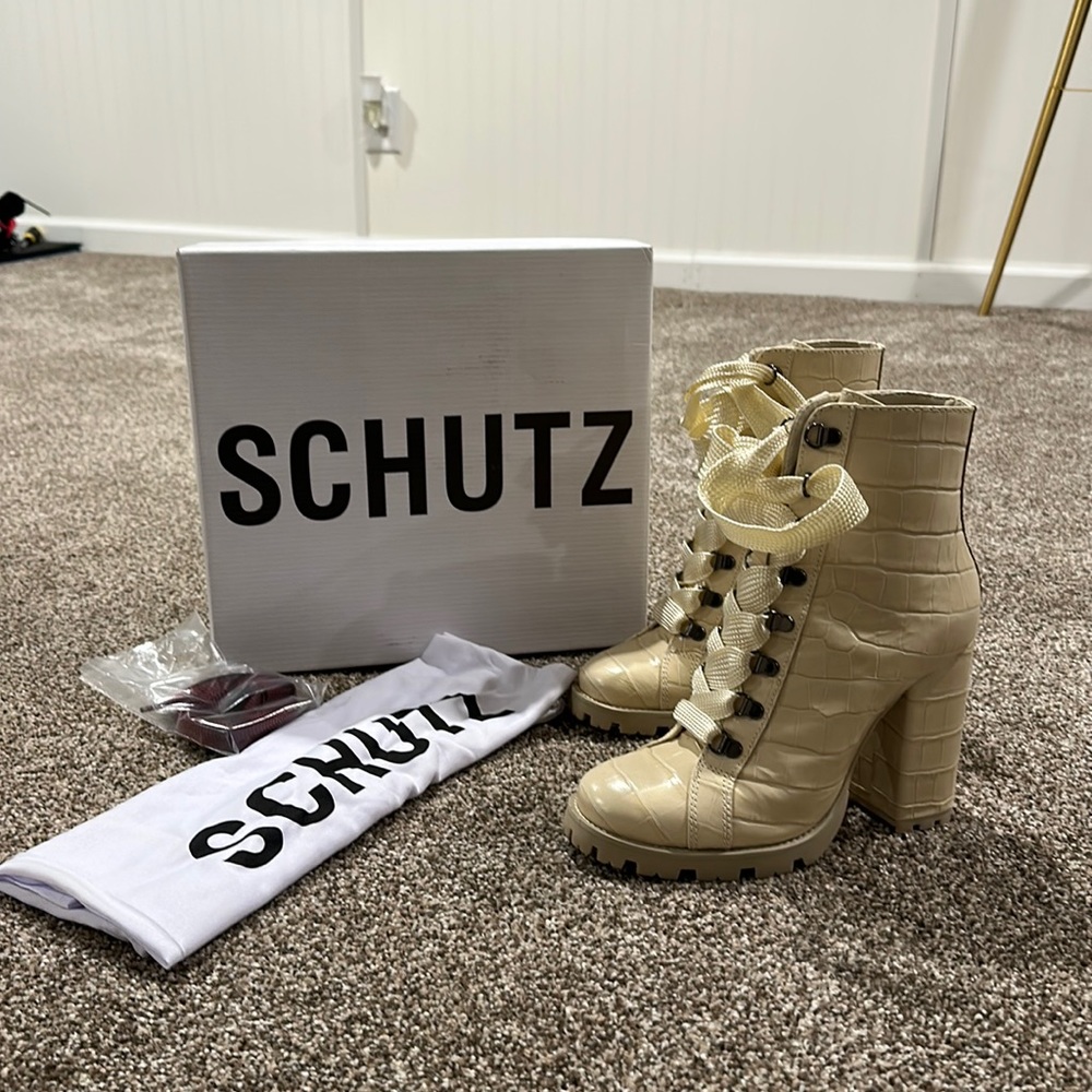 Schutz White/Cream Croc Leather Heeled Combat Booties